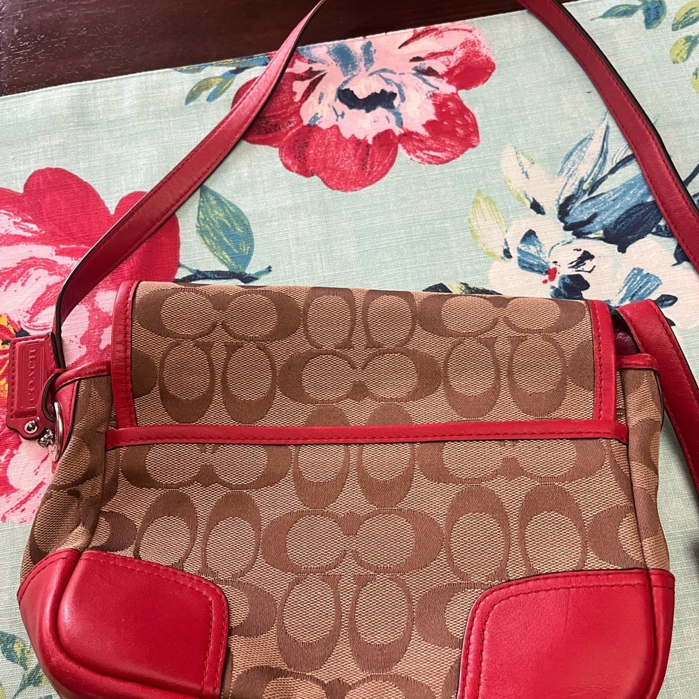 Coach Red and Brown Crossbody Bag with Signature Pattern - Picture 7 of 9